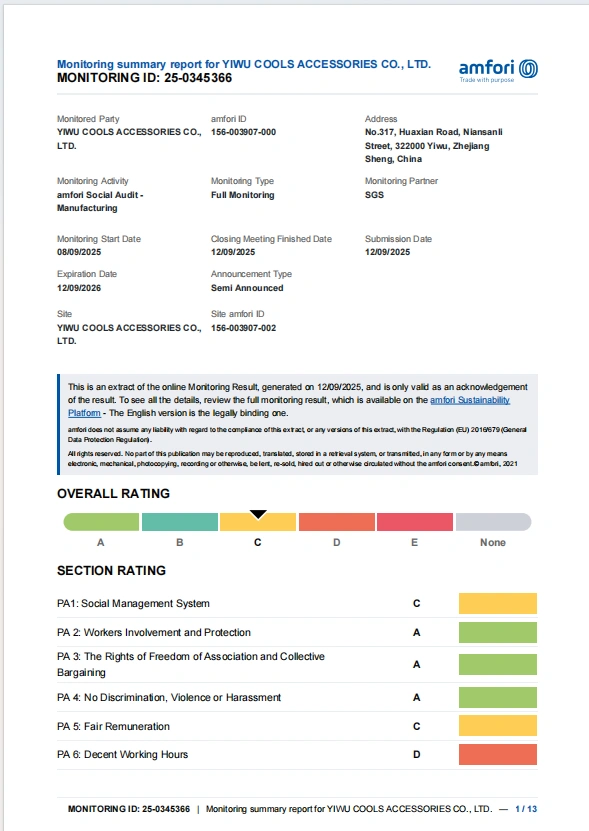 Amfori BSCI social audit monitoring summary report for Yiwu Cools