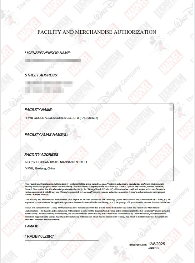 The Walt Disney Company Facility and Merchandise Authorization FAMA certificate for COOLS