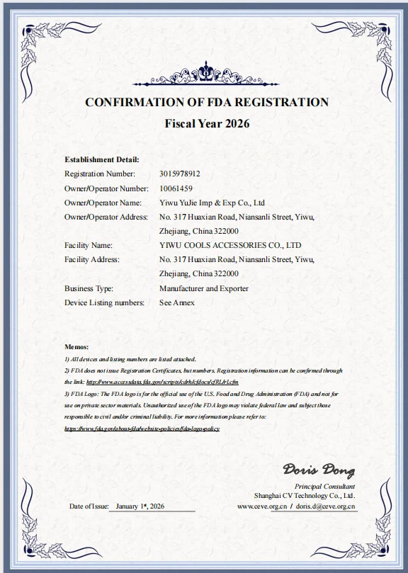 Confirmation of FDA registration and establishment details for manufacturer and exporter COOLS accessories