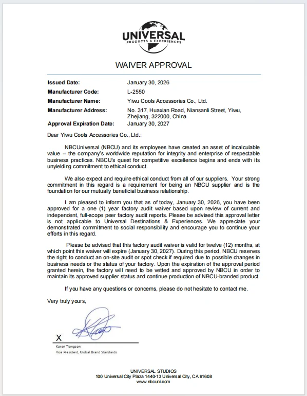 NBCUniversal factory audit waiver approval document and manufacturer compliance certification for COOLS